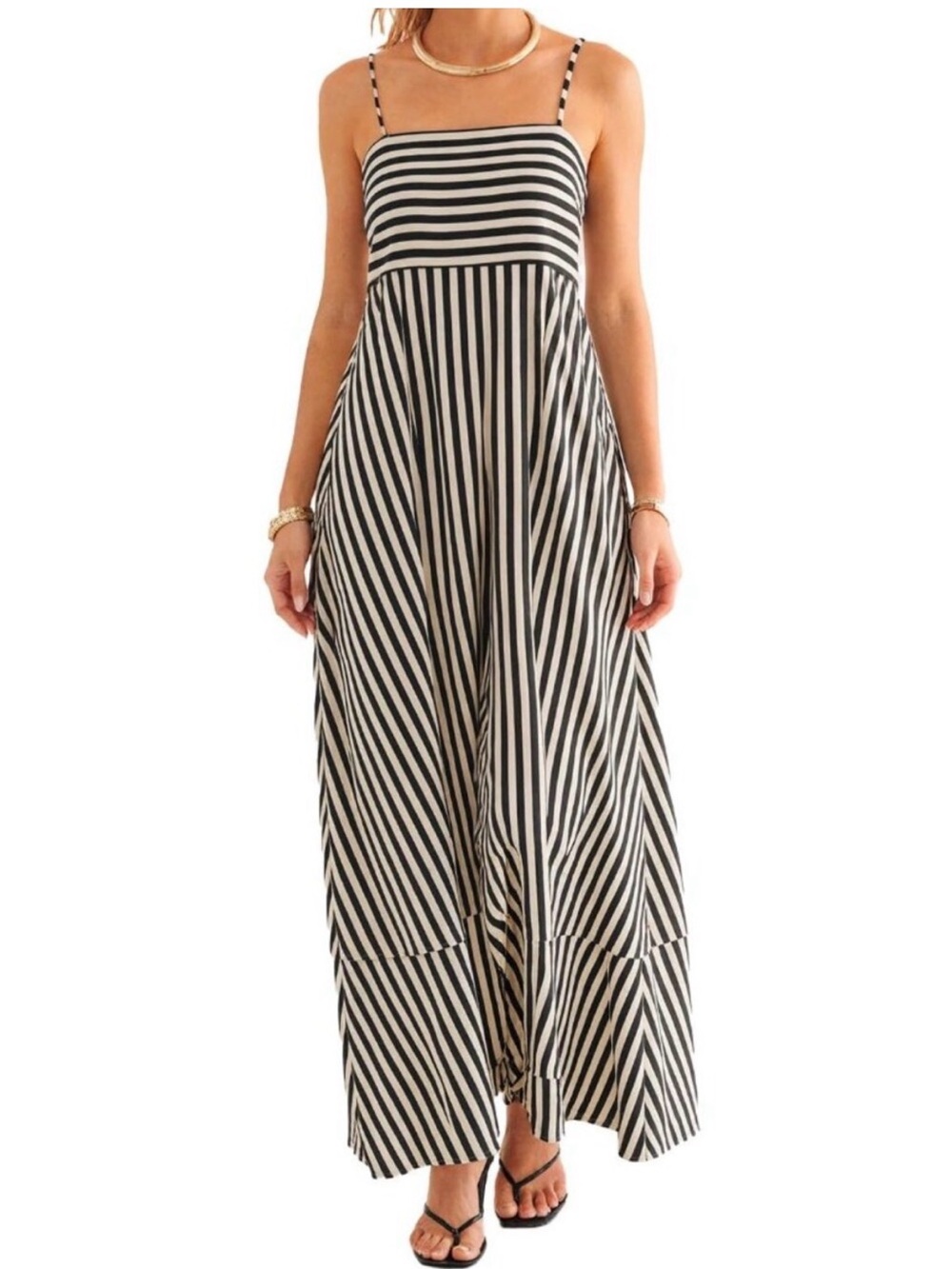 Black and Light Beige Striped Spaghetti Strap Maxi Dress Cupshe XL